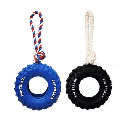 Rope Tire Dog Toy – Durable Rubber Chew Toy with Cotton Rope for Dogs