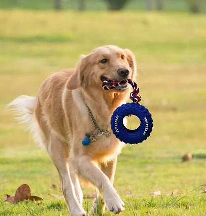 Rope Tire Dog Toy – Durable Rubber Chew Toy with Cotton Rope for Dogs
